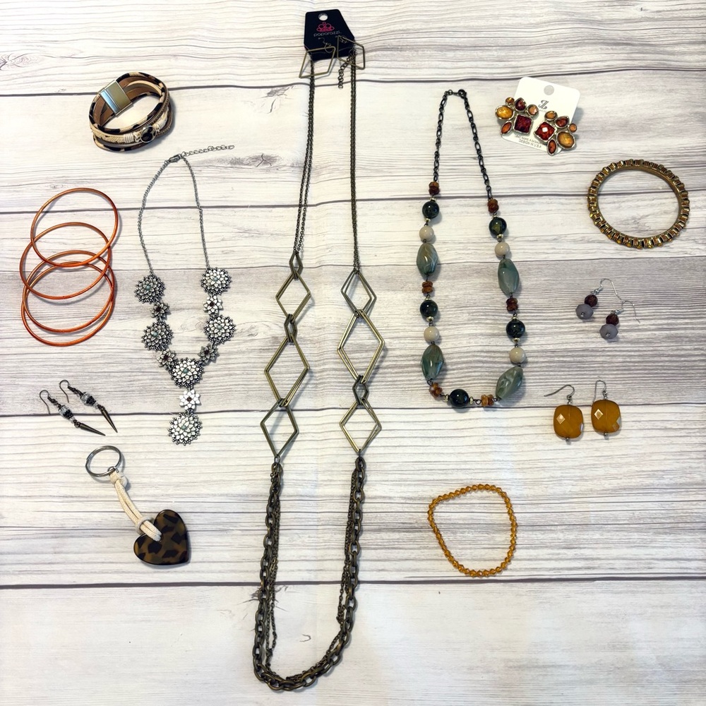 Lot of Warm Tone Fall Orange Jewelry 15 Pieces Necklaces Earrings Bracelets